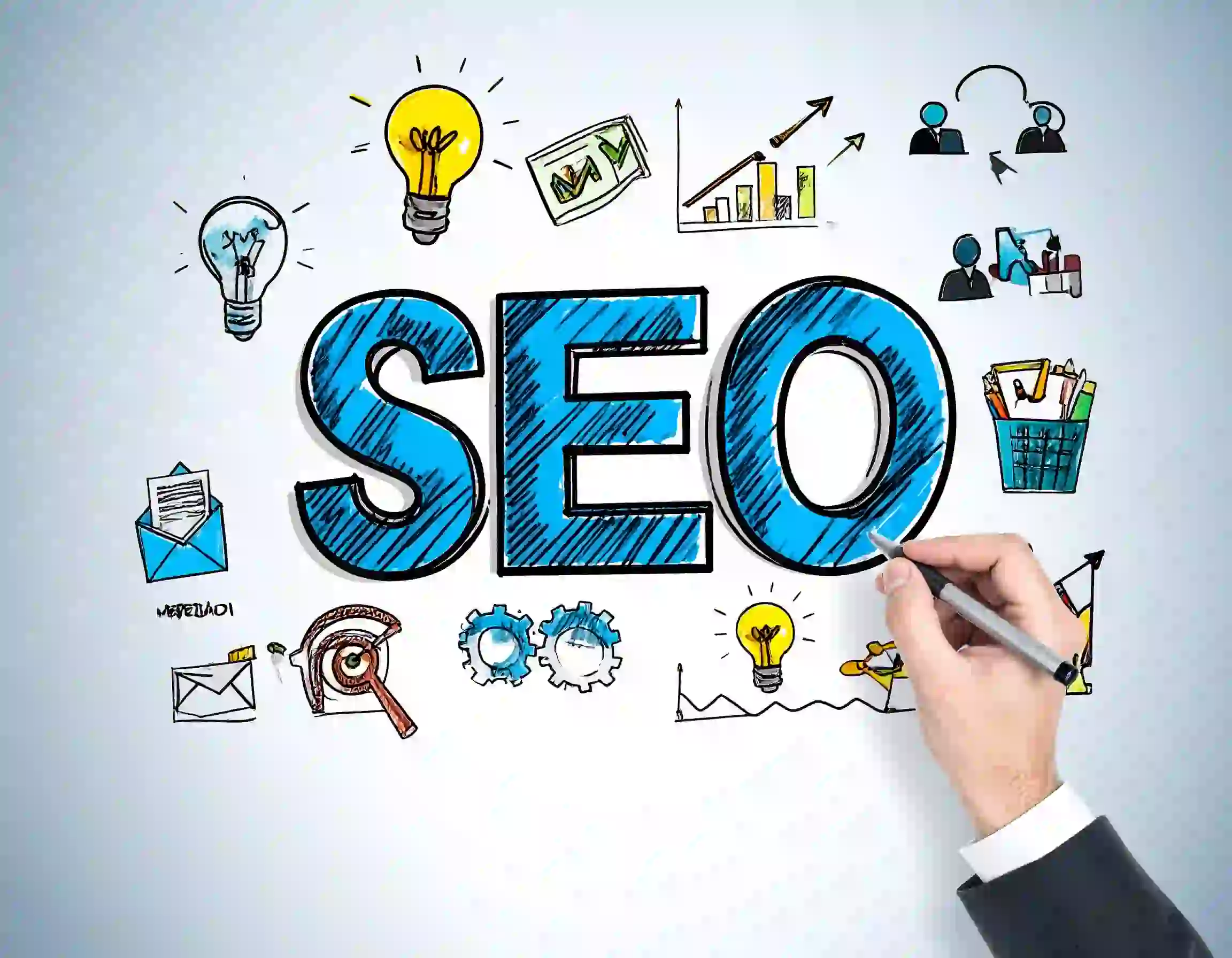 Hand-drawn SEO concept with icons representing analytics, email, and ideas surrounding bold blue 'SEO' text, highlighting the expertise of the best freelance digital marketer in Thrissur
