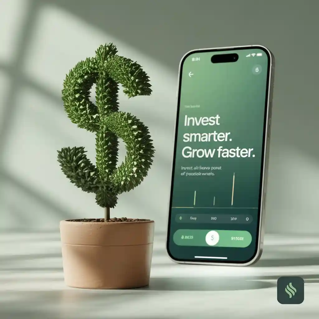 A smartphone displaying investment growth insights next to a potted plant shaped like a dollar sign, symbolizing smart financial growth with guidance from the best freelance digital marketer in Thrissur
